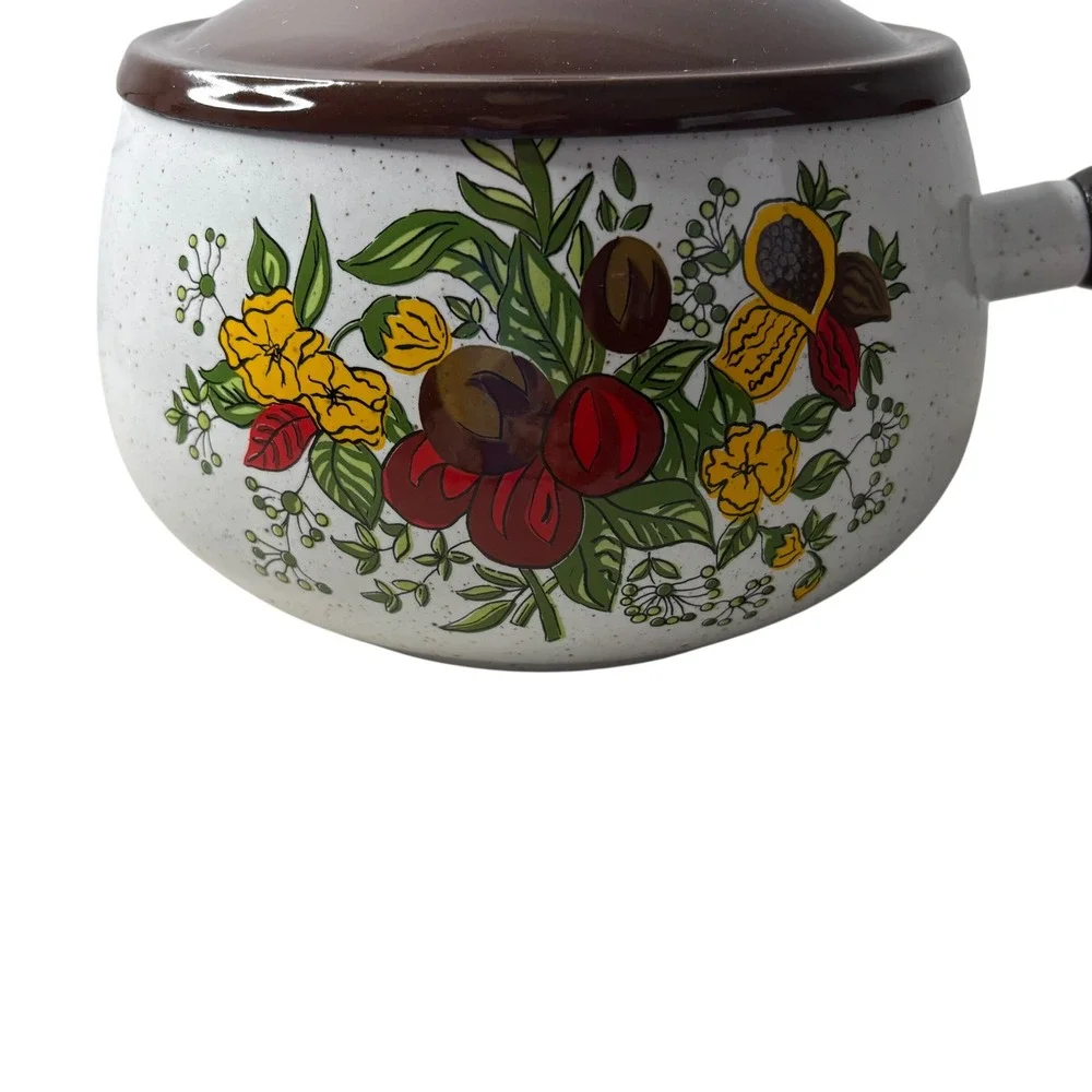 VTG Enamelware Sauce Pan with Lid Fruit Floral Motif Wooden Handle Speckled